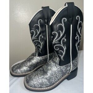 OLD WEST KIDS SQUARE TOE BLACK METALLIC SILVER BOOTS SIZE 11